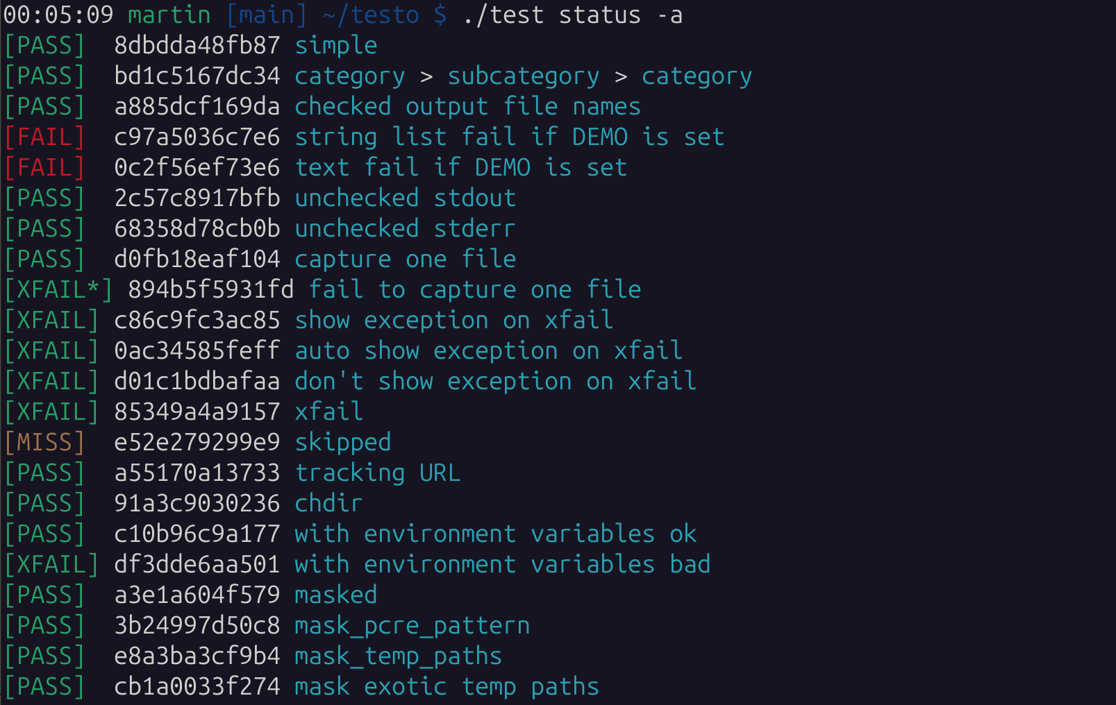 screenshot showing the output of './test status'
