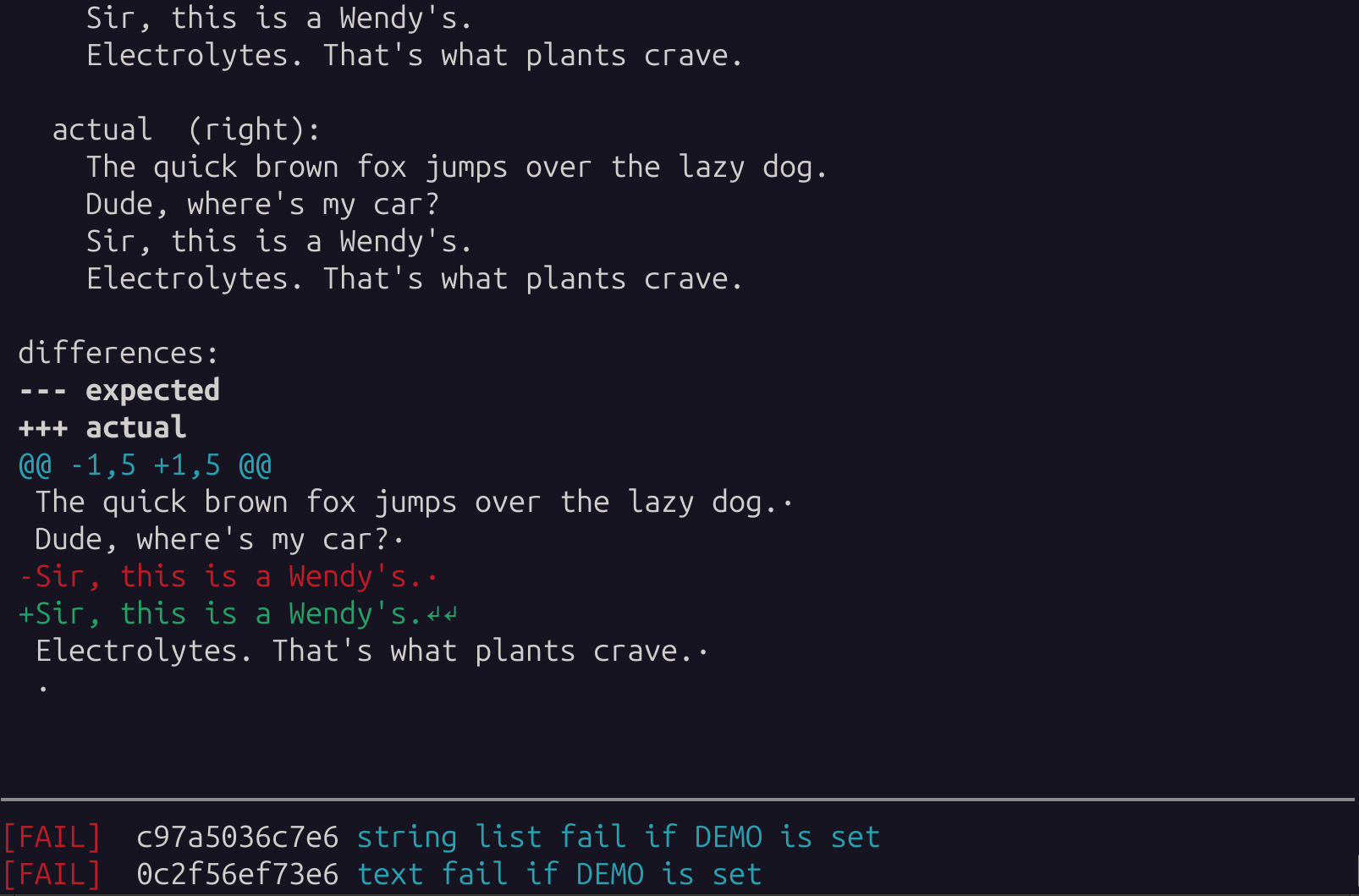 screenshot showing a test failure